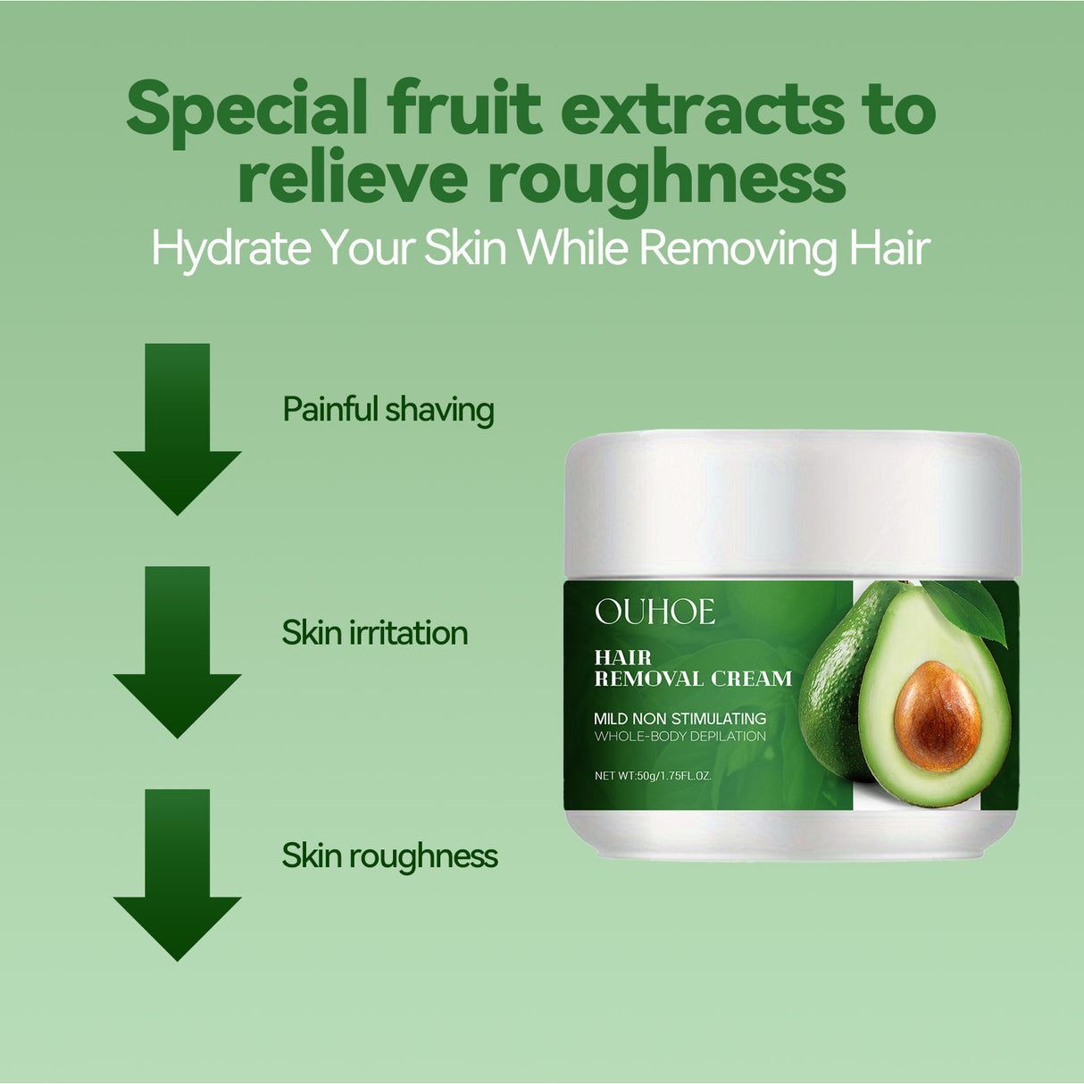 Crema depilatoria de aguacate para axilas, piernas, piernas, hidratante, suave, amigable con la piel, no irritante, limpia.