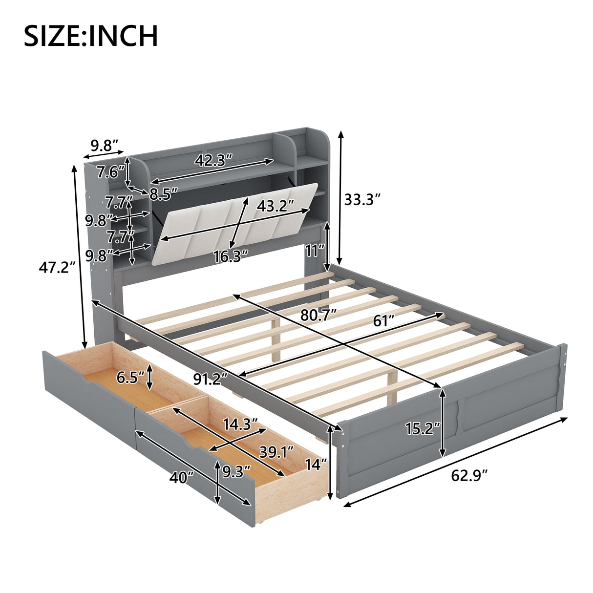 Wood Queen Size Platform Bed with Storage Headboard Shelves and 2 Drawers Gray