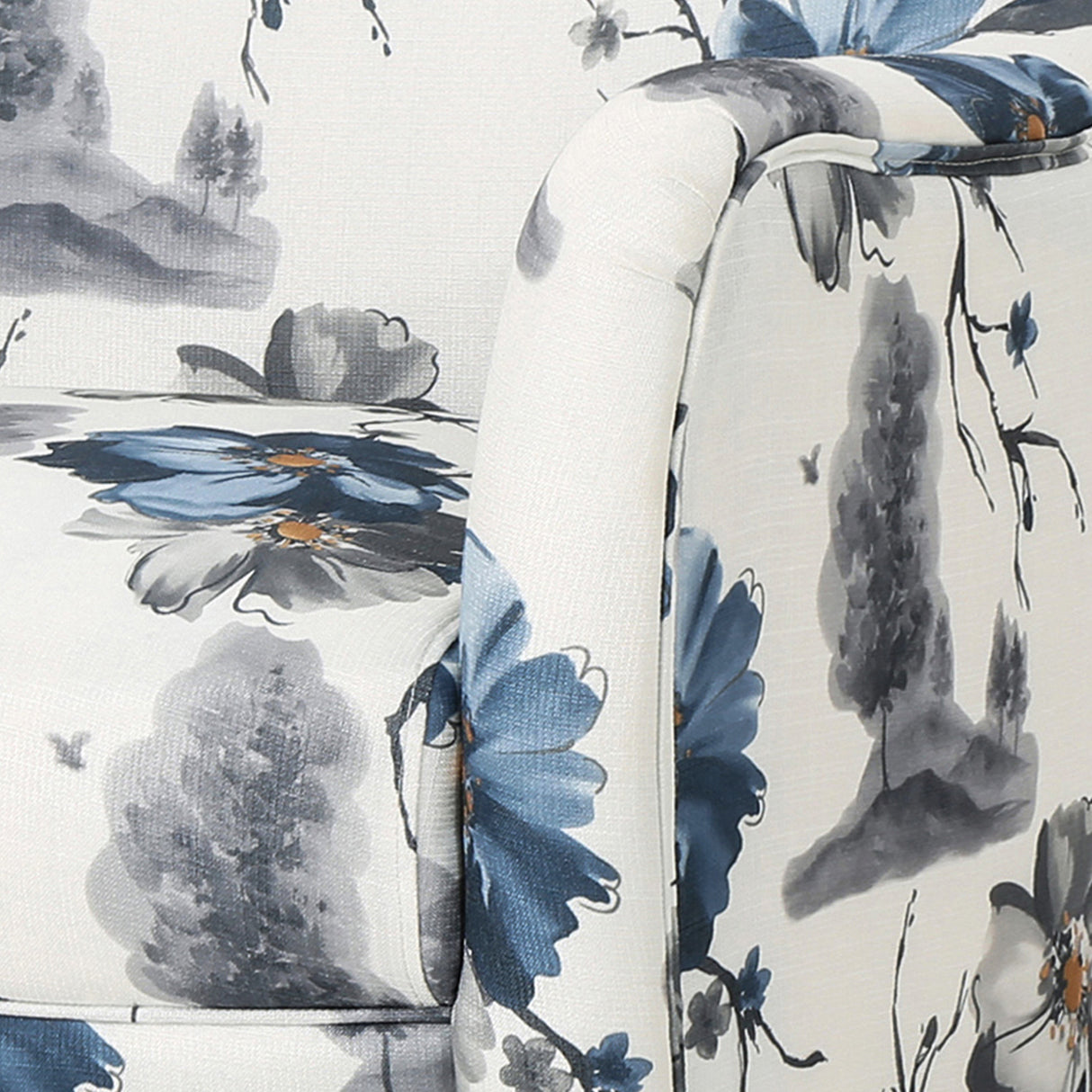 Modern retro printed fabric cushioned club chair, white and blue patterned armchair - V.I.P Digital Presence