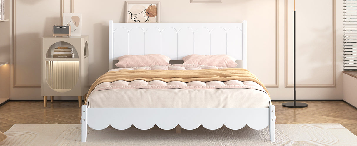Queen Size Wood Platform Bed Frame, Retro Style Bed with Rectangular Headboard,No Need Box Spring,White - V.I.P Digital Presence