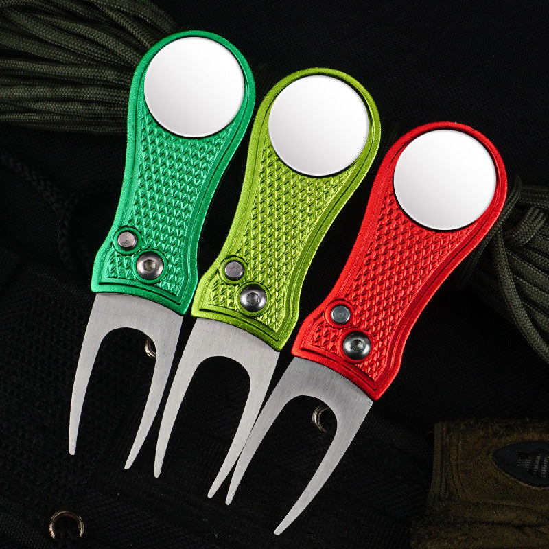 Horquilla de golf verde con mango de aluminio, herramienta de reparación de resorte plegable, regalo nuevo