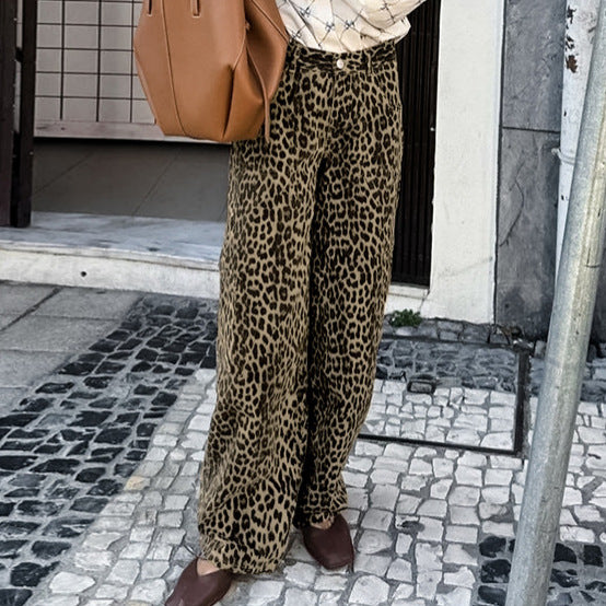 American retro leopard print casual pants with high waist design niche fashion loose and wide leg pants - V.I.P Digital Presence