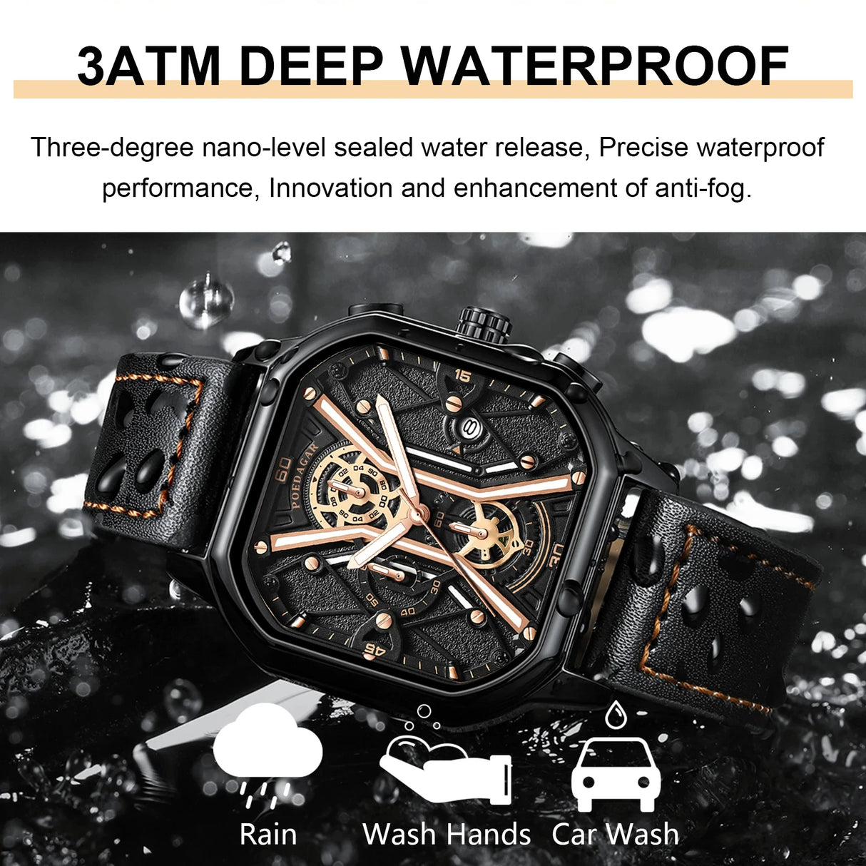 POEDAGAR Fashion Men Luxury Wristwatches Chronograph Luminous Waterproof Date Man Watch Square Dial Leather Quartz Men's Watches - V.I.P Digital Presence