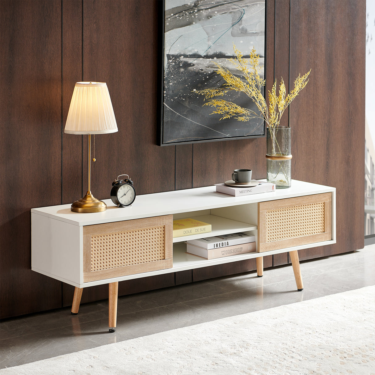 55.12" Rattan TV cabinet double sliding doors for storage adjustable shelf solid wood legs TV console for living room White - V.I.P Digital Presence
