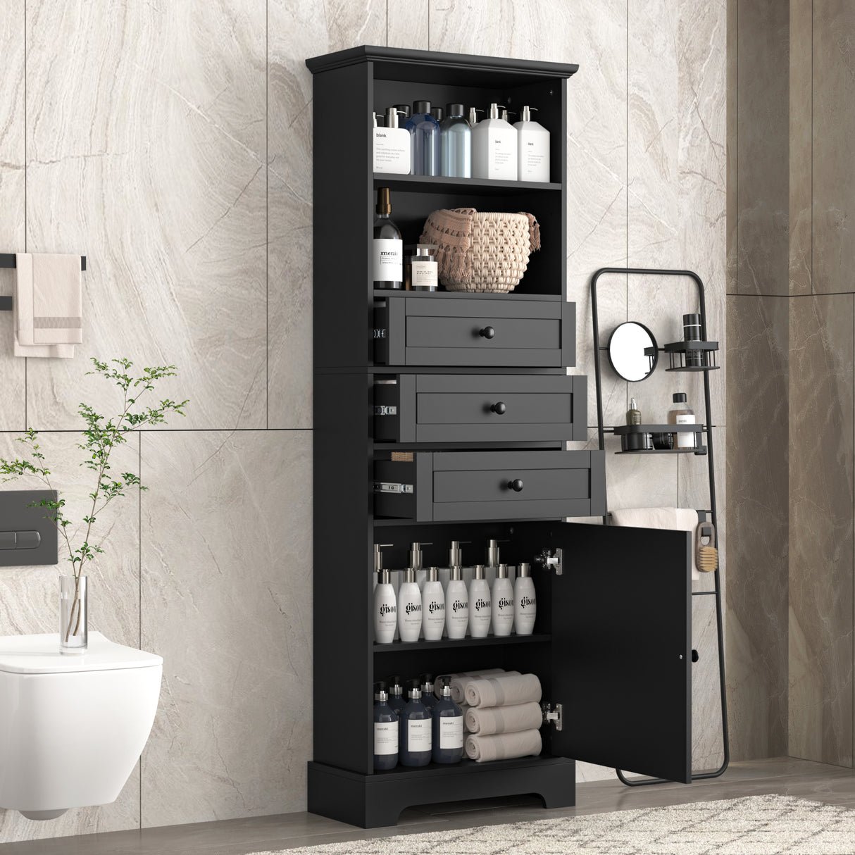 Black high storage cabinet with 3 drawers and adjustable shelves, MDF board painted - V.I.P Digital Presence