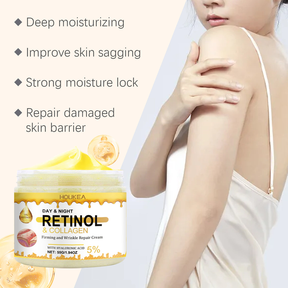 Crema hidratante reafirmante que hidrata, tensa, cuida la piel, suaviza, ilumina y da brillo.
