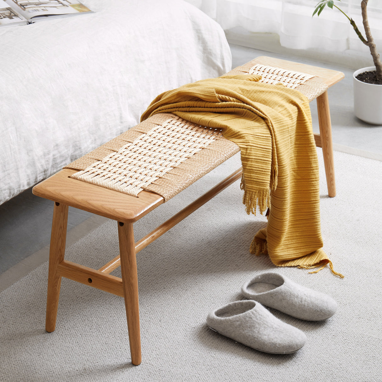 Woven Design Natural Oak Wood Dining Bench Bed Bench for Dining Room, Bedroom, Bathroom - V.I.P Digital Presence