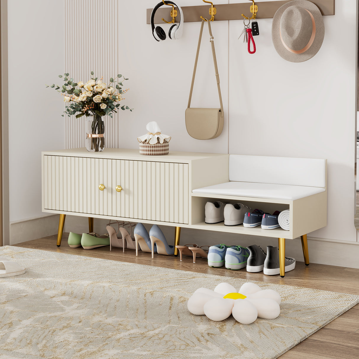 Modern Shoe Storage Bench with Hidden Storage and Upholstered Cushions for Bedside, Living Room and Entryway ((Antique White) - V.I.P Digital Presence