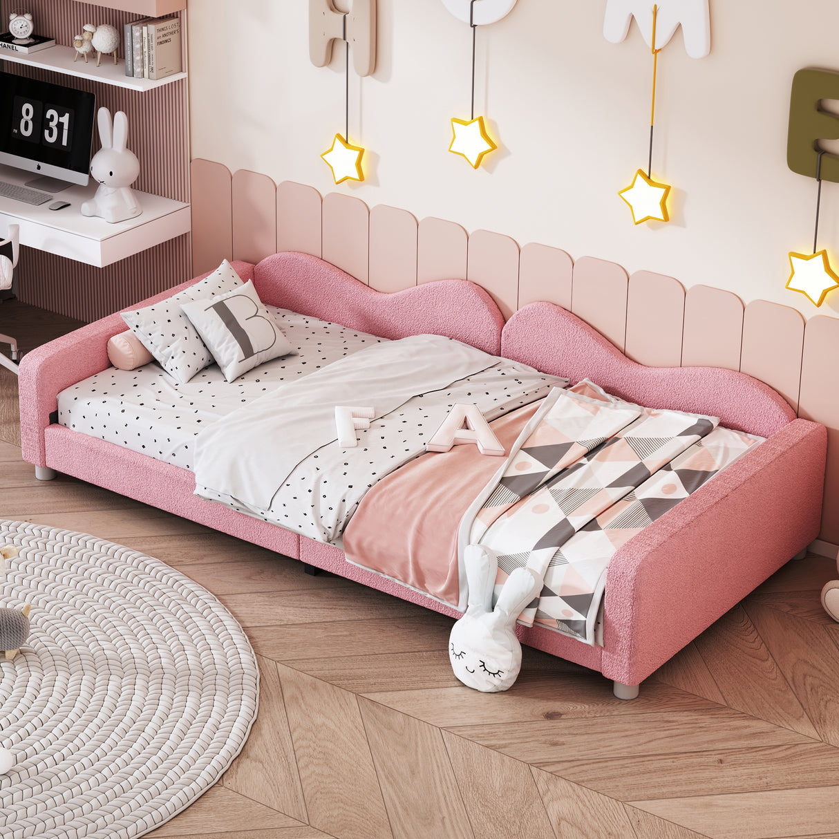 Twin size Upholstered Daybed, Sherpa Fabric Sofabed with Cloud-Shaped Backrest, No Box-spring Needed, Pink - V.I.P Digital Presence