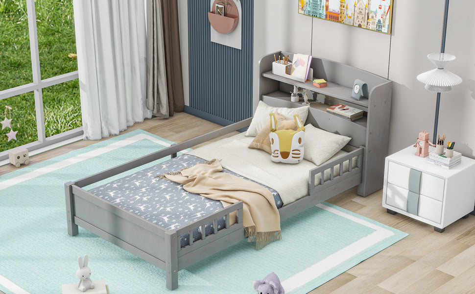 Wood Twin Size Platform Bed with Built-in LED Light Storage Headboard and Guardrail Antique Grey