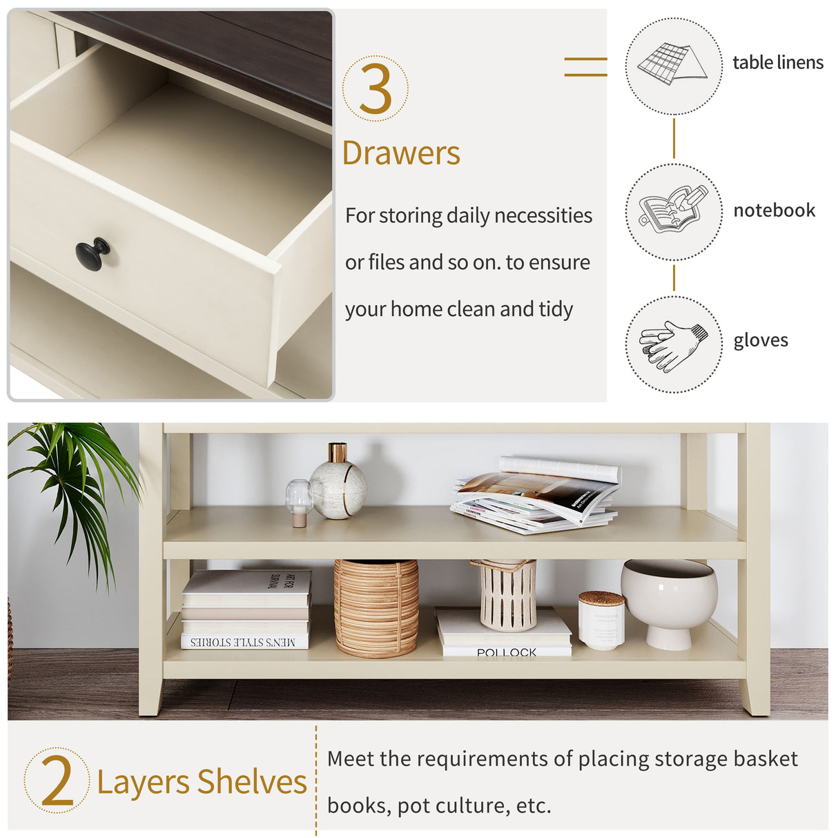 Retro Design Console Table with Two Open Shelves, Pine Solid Wood Frame and Legs for Living Room (Espresso+Beige) - V.I.P Digital Presence