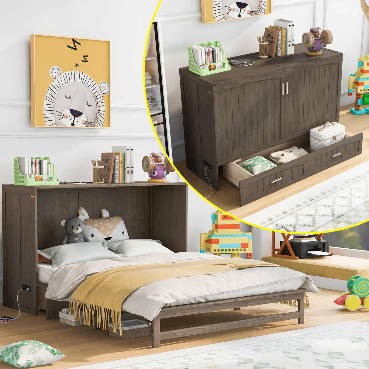 Queen Size Murphy Bed with Built-In Charging Station Antique Grey
