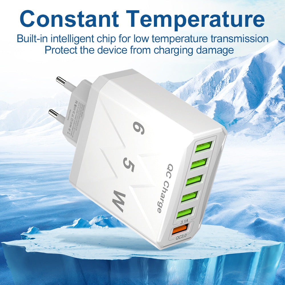 Cargador de teléfono móvil estándar coreano de carga rápida de 65 W, cargador de viaje con cabezal de carga rápida multipuerto de 6 USB