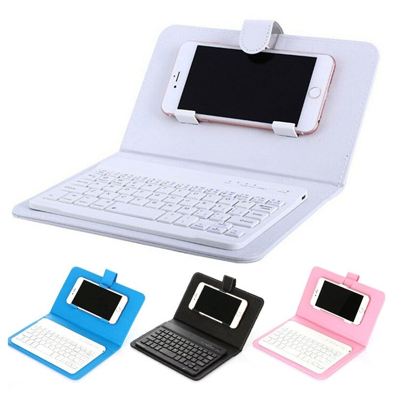 Funda de teclado inalámbrico portátil de cuero sintético para iPhone, teléfono móvil protector con teclado Bluetooth para iPhone y teléfono Android.