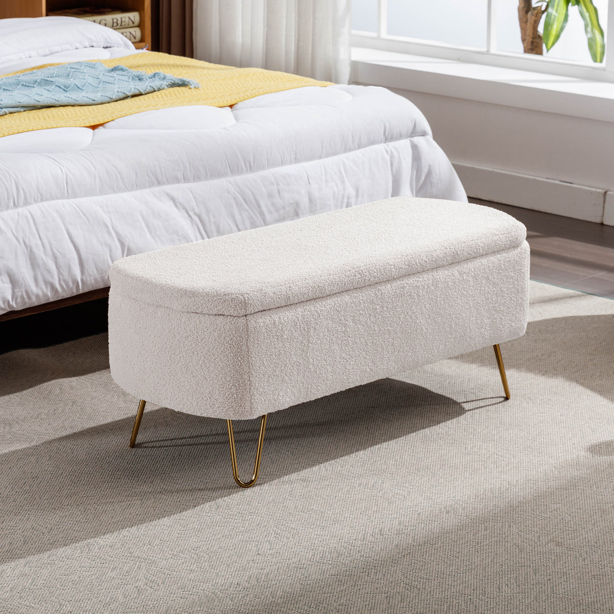 Ivory White Storage Ottoman Bench for End of Bed Gold Legs - V.I.P Digital Presence