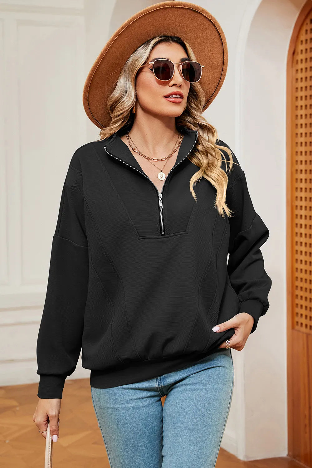 Autumn and winter new solid color zipper long sleeved loose pullover sweatshirt jacket for women - V.I.P Digital Presence
