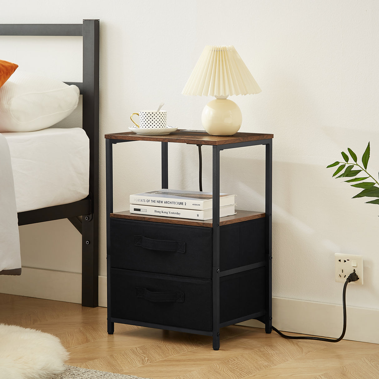 Tea table with charging station, bedside table with USB port, socket and cloth bag, 2 drawers - V.I.P Digital Presence
