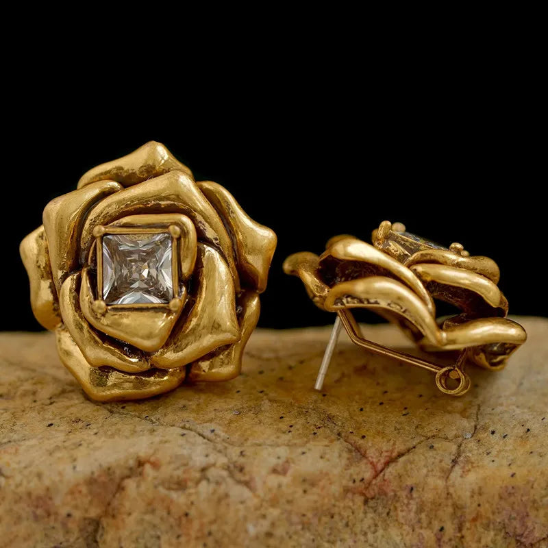 Brass Gold Color Metal Rose Flower Stud Earrings Geometry Zircon Shiny for Women Girls Jewelry Gifts Europe and America - V.I.P Digital Presence