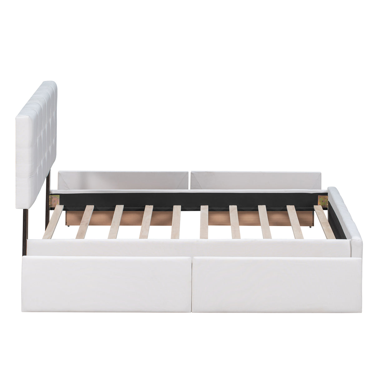 Upholstered Platform Bed with Classic Headboard and 4 Drawers No Box Spring Needed Linen Fabric Queen Size White - V.I.P Digital Presence