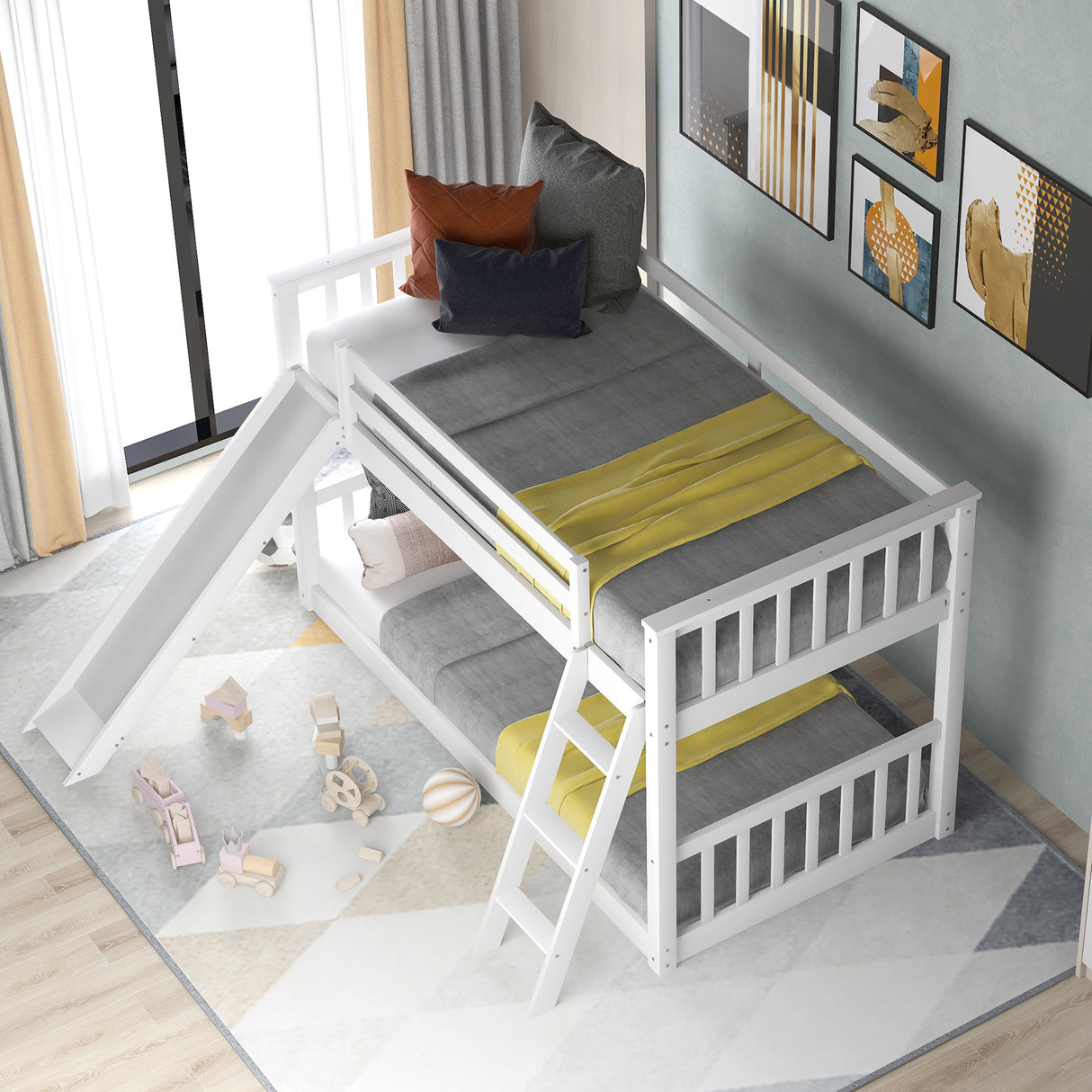Twin over Twin Bunk Bed with Convertible Slide and Ladder White