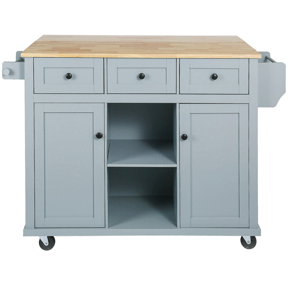 Kitchen handcart with rubber wood leaf countertop, storage cabinet, shelf, and 3 dining room drawers, gray blue - V.I.P Digital Presence