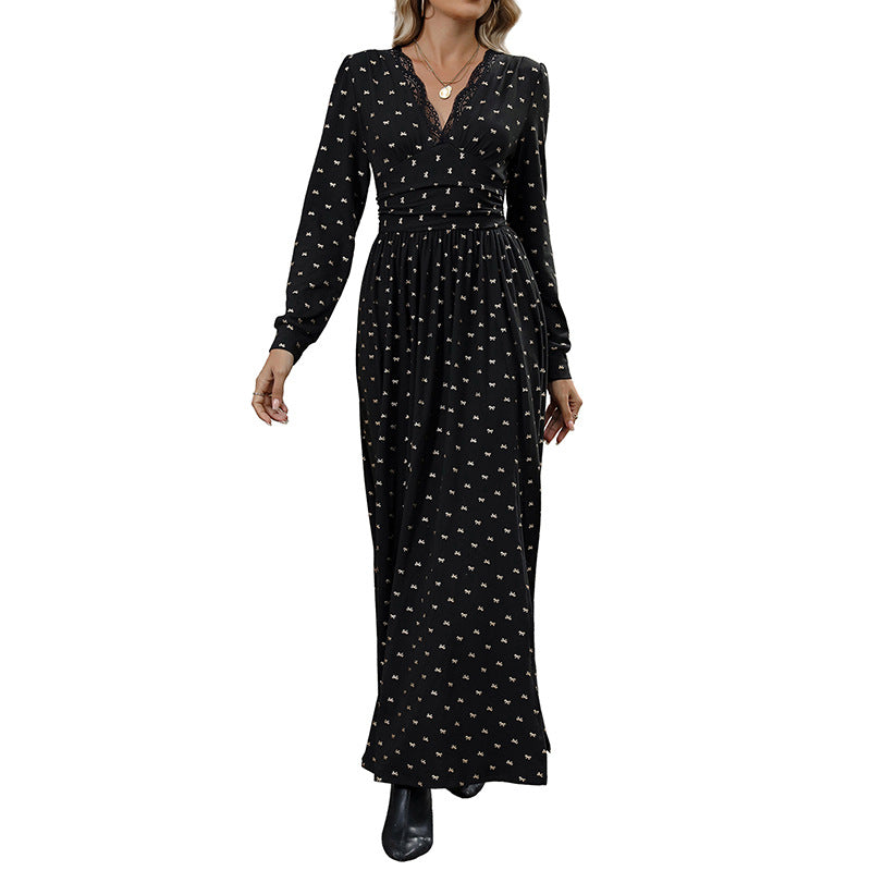 Lace V-neck Bow Print Long Sleeve Dress - V.I.P Digital Presence