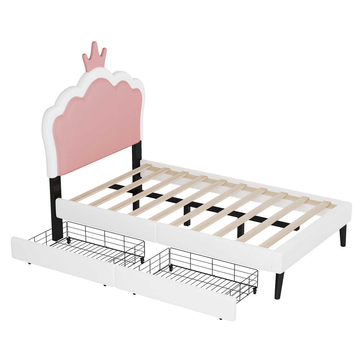 Twin cushion princess bed with crown headboard and 2 drawers with headboard and footrest, pink+white - V.I.P Digital Presence