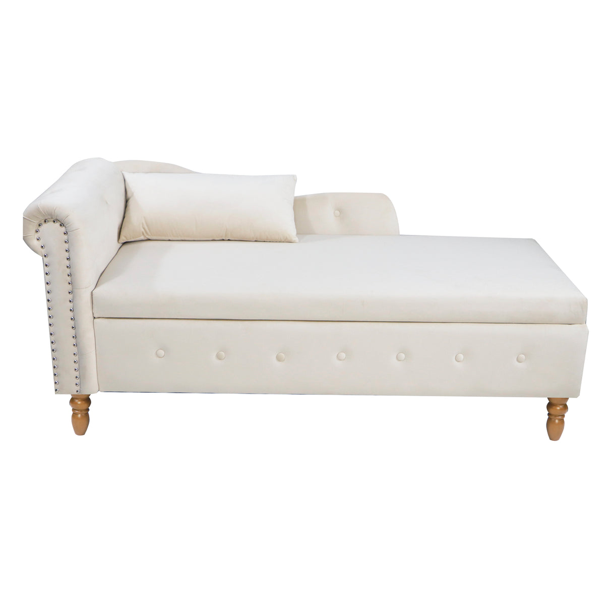 Beige Chaise Lounge Indoor Velvet Lounge Chair for Bedroom with Storage & Pillow Modern Upholstered Rolled Arm Chase Lounge - V.I.P Digital Presence