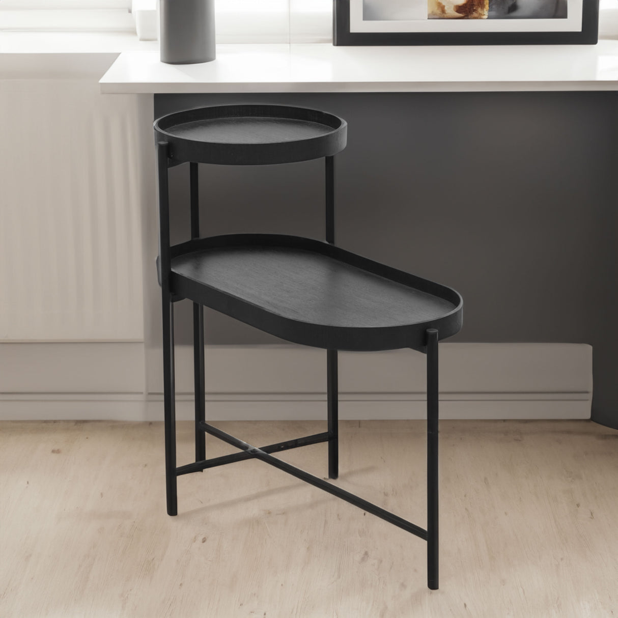 2-Tier Black Side Table with Storage Sofa Table for Living Room Metal Frame & Wooden Desk End Table - V.I.P Digital Presence