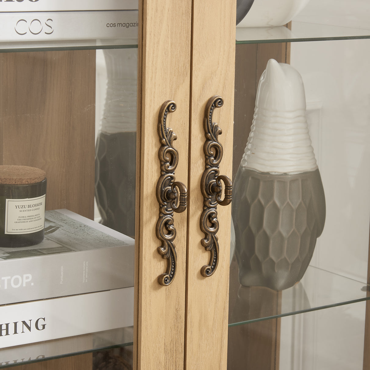 Dual door Curio cabinet with tempered glass doors, mirrored back panel and adjustable shelves, home lighting display cabinet Oak - V.I.P Digital Presence