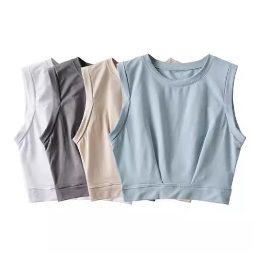 Short crop top with exposed navel and sleeveless loose fitting vest women's high waisted sports fitness yoga base shirt - V.I.P Digital Presence