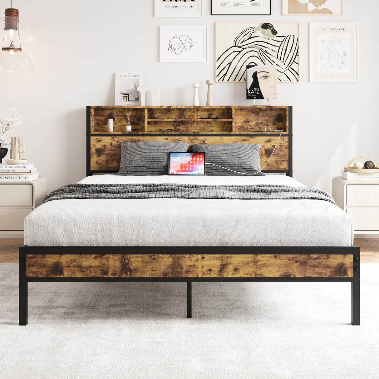 Queen Bed Frame with Storage Headboard Metal Platform Bed with Charging Station Bookcase Storage Black - V.I.P Digital Presence