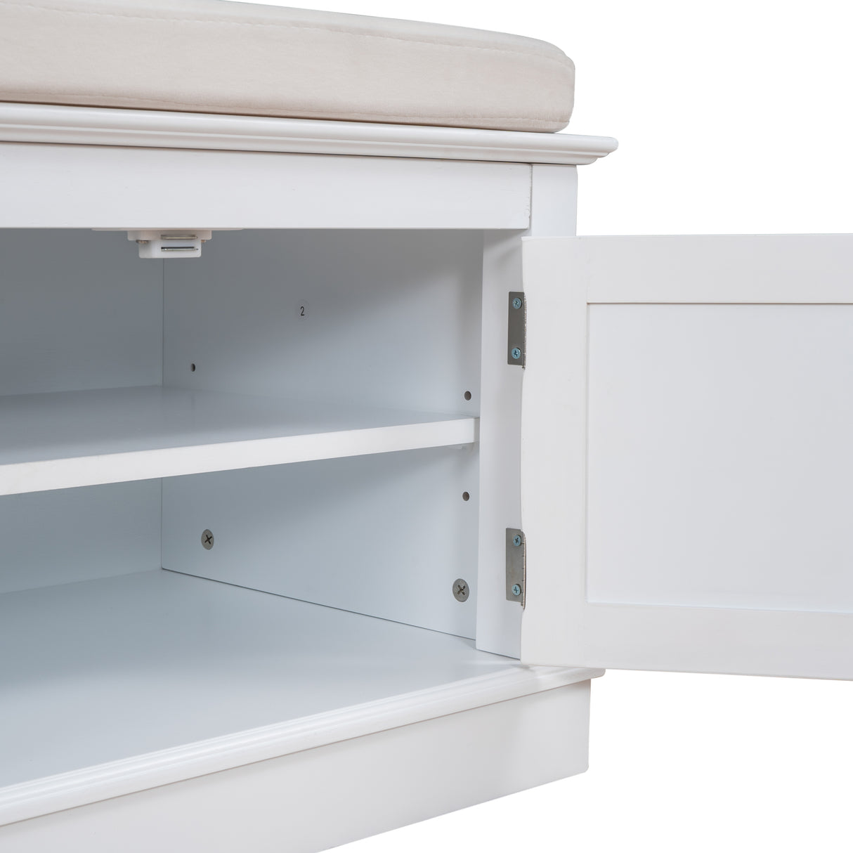 TREXM storage table with 4 adjustable doors and shelves, detachable padded shoe stand (white) - V.I.P Digital Presence