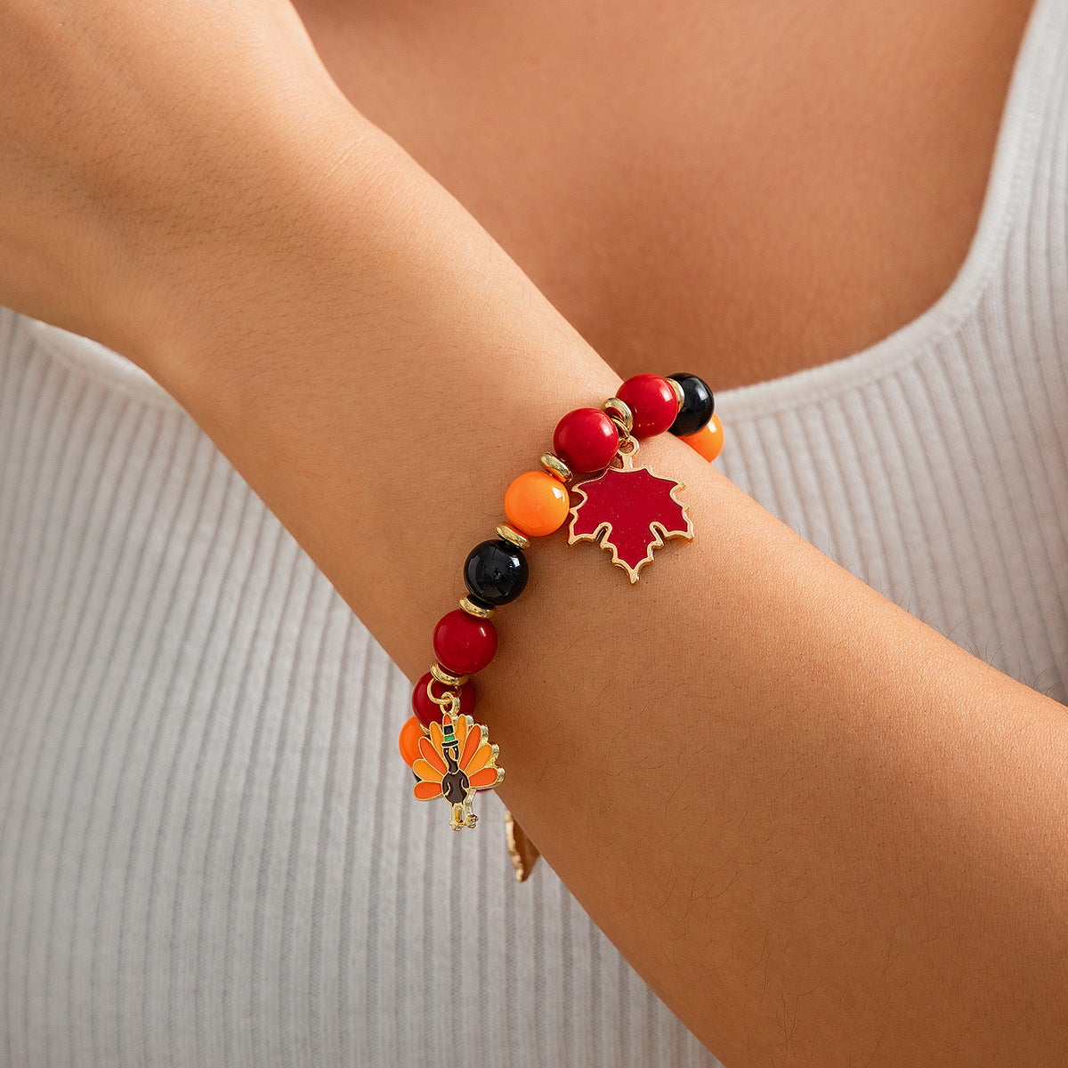 Thanksgiving Creative Maple Leaf Pendant Alloy Bracelet Personalized Letter Pumpkin Bead Bracelet - V.I.P Digital Presence