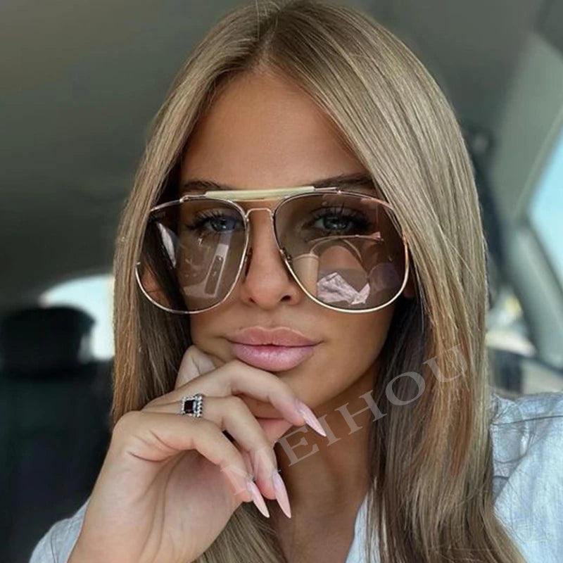Metal Frame Pilot Sunglasses For Women Double Bridge Champagne Sun Glasses Woman Luxury Square Clear Oversize Shades - V.I.P Digital Presence