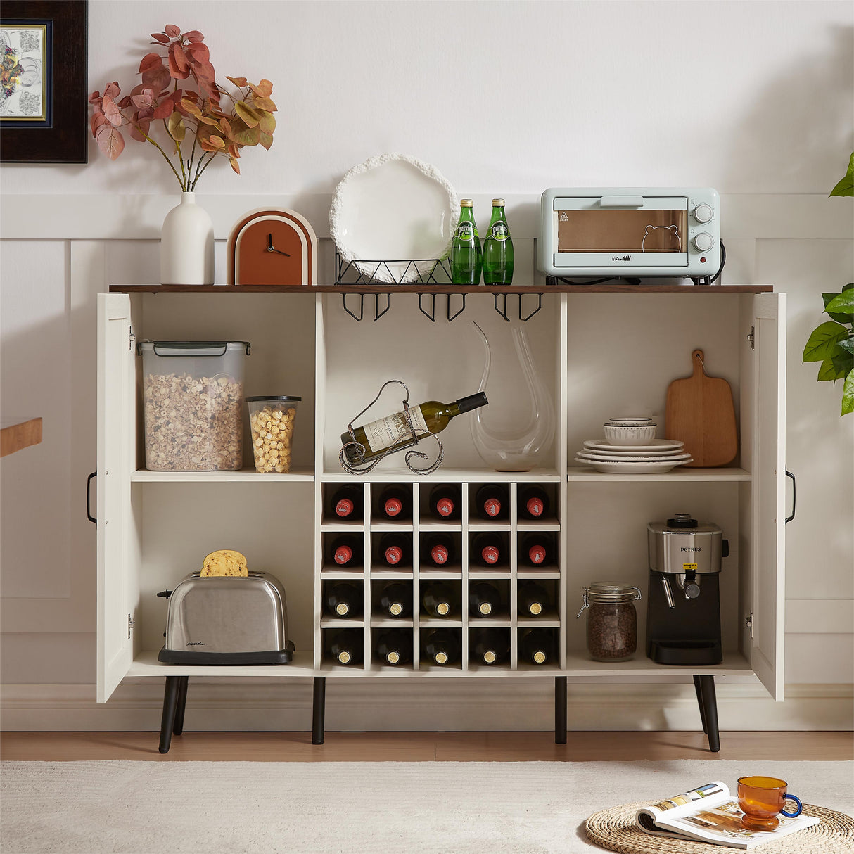 White Faux Rattan Barn Door Wine Cabinet with Wine Rack and Wine Glass Rack, Double Door Design with Removable Shelves - V.I.P Digital Presence
