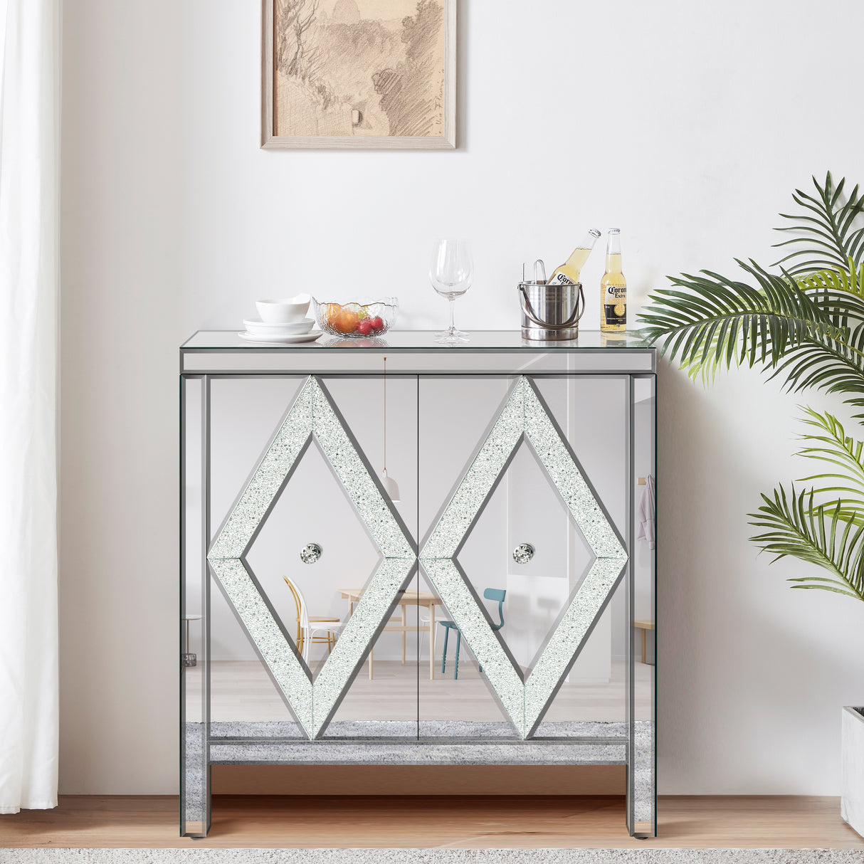 Storage Cabinet With Mirror Trim And Diamond Shape Design Spliced Combination For Living Room, Dining Room, Entryway, Kitchen - V.I.P Digital Presence