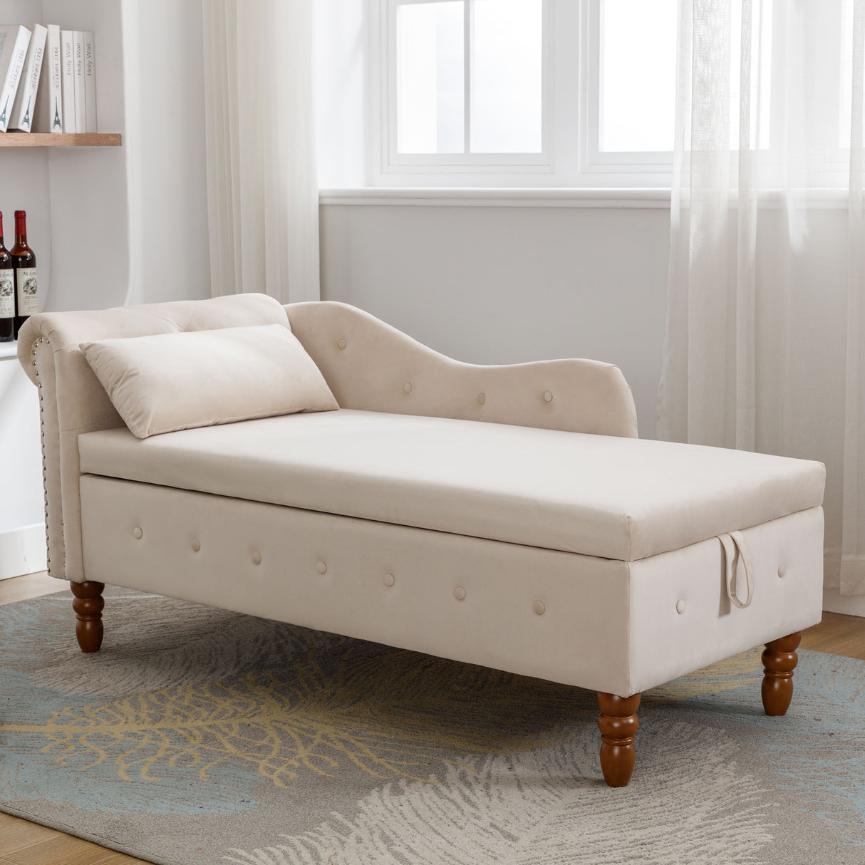 Beige Chaise Lounge Indoor Velvet Lounge Chair for Bedroom with Storage & Pillow Modern Upholstered Rolled Arm Chase Lounge - V.I.P Digital Presence