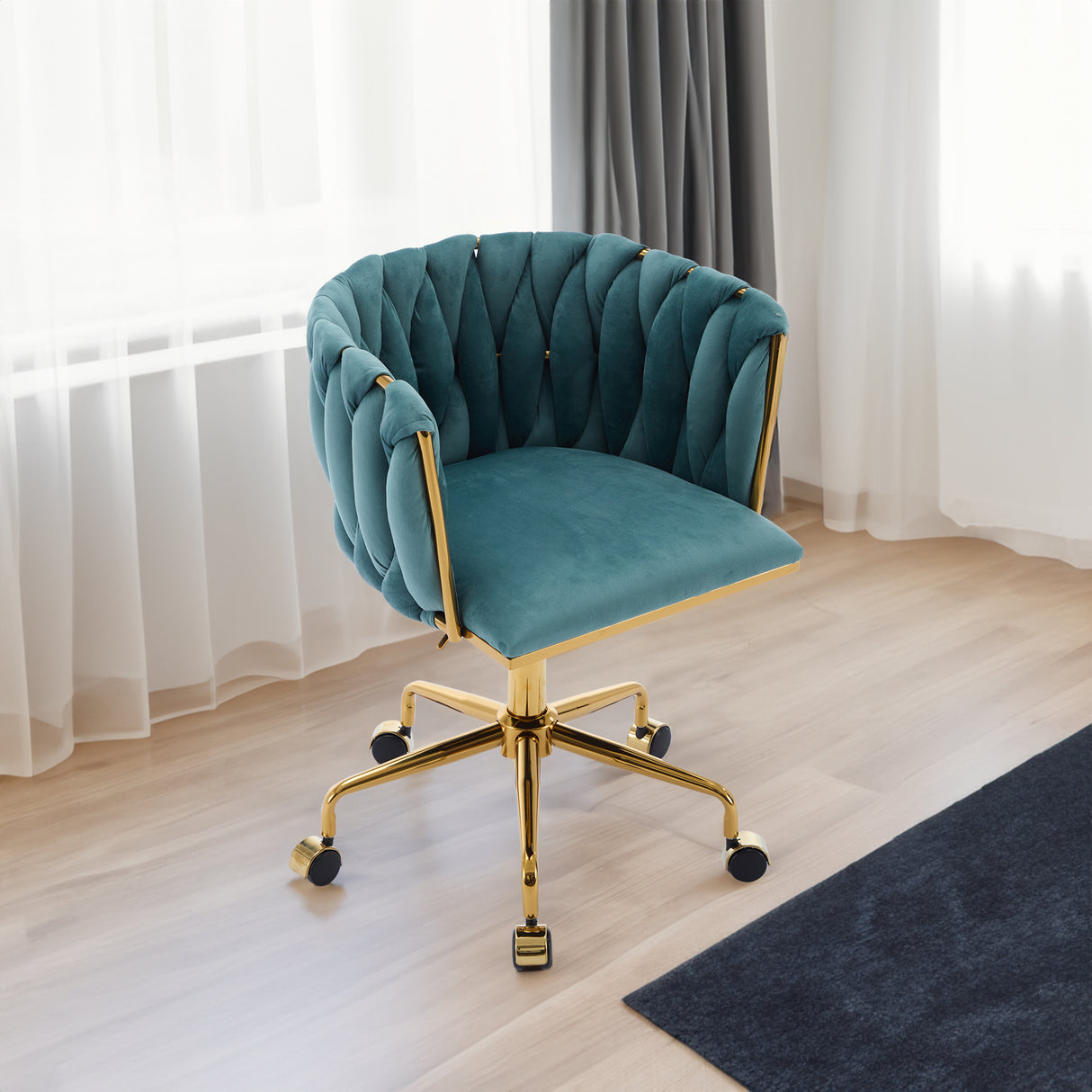 Accent Chair Makeup Chair with Hand Woven Backrest, Modern 360° Swivel Home Office Desk Chair for Study (GREEN) - V.I.P Digital Presence