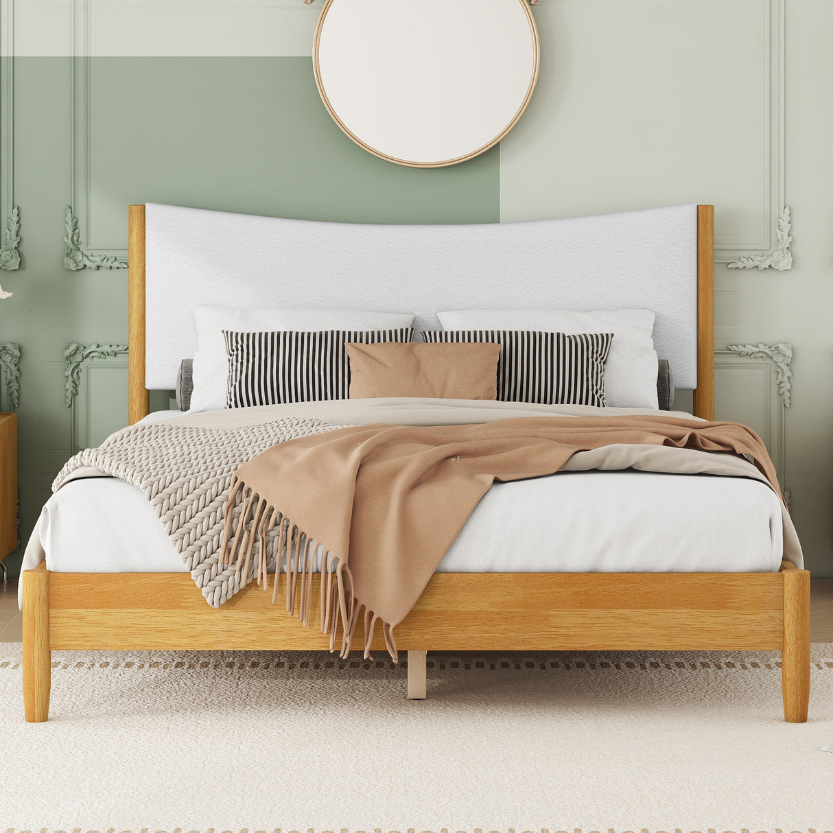 Queen Size Rubber Wooden , Solid Wooden Bed with Teddy Velvet Cushion Upholstered Headboard, Enhanced by Support Feet - V.I.P Digital Presence