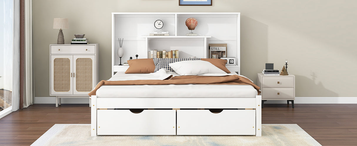 Queen Size Platform Bed with Storage Headboard and 2 Drawers, White - V.I.P Digital Presence