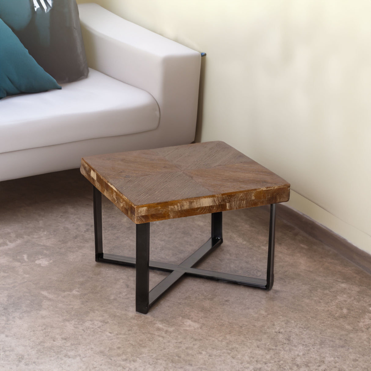 31.3"Modern Retro Splicing Square Coffee Table Fir Wood Table Top with Cross Legs Metal Base (Set of 2 pcs )