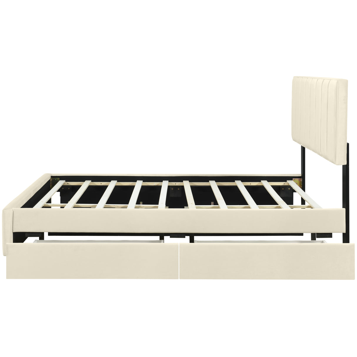 Queen Size Upholstered Platform Bed with 2 Drawers and 1 Trundle, Classic Metal Strip Headboard Design, Beige - V.I.P Digital Presence