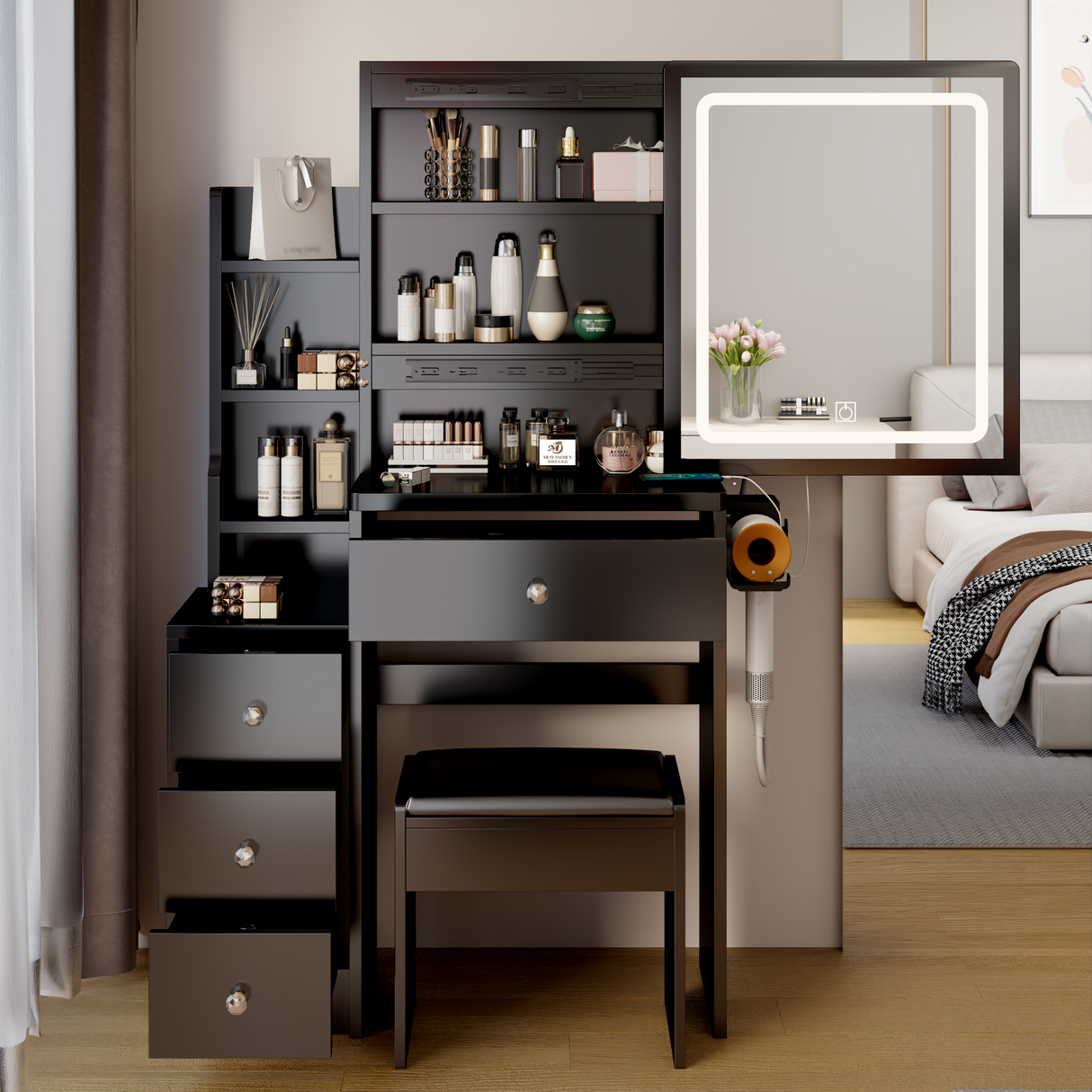 Dressing table+cushioned stool, 2 AC+2 USB power supplies, touch sliding LED mirror, tri color switch - V.I.P Digital Presence