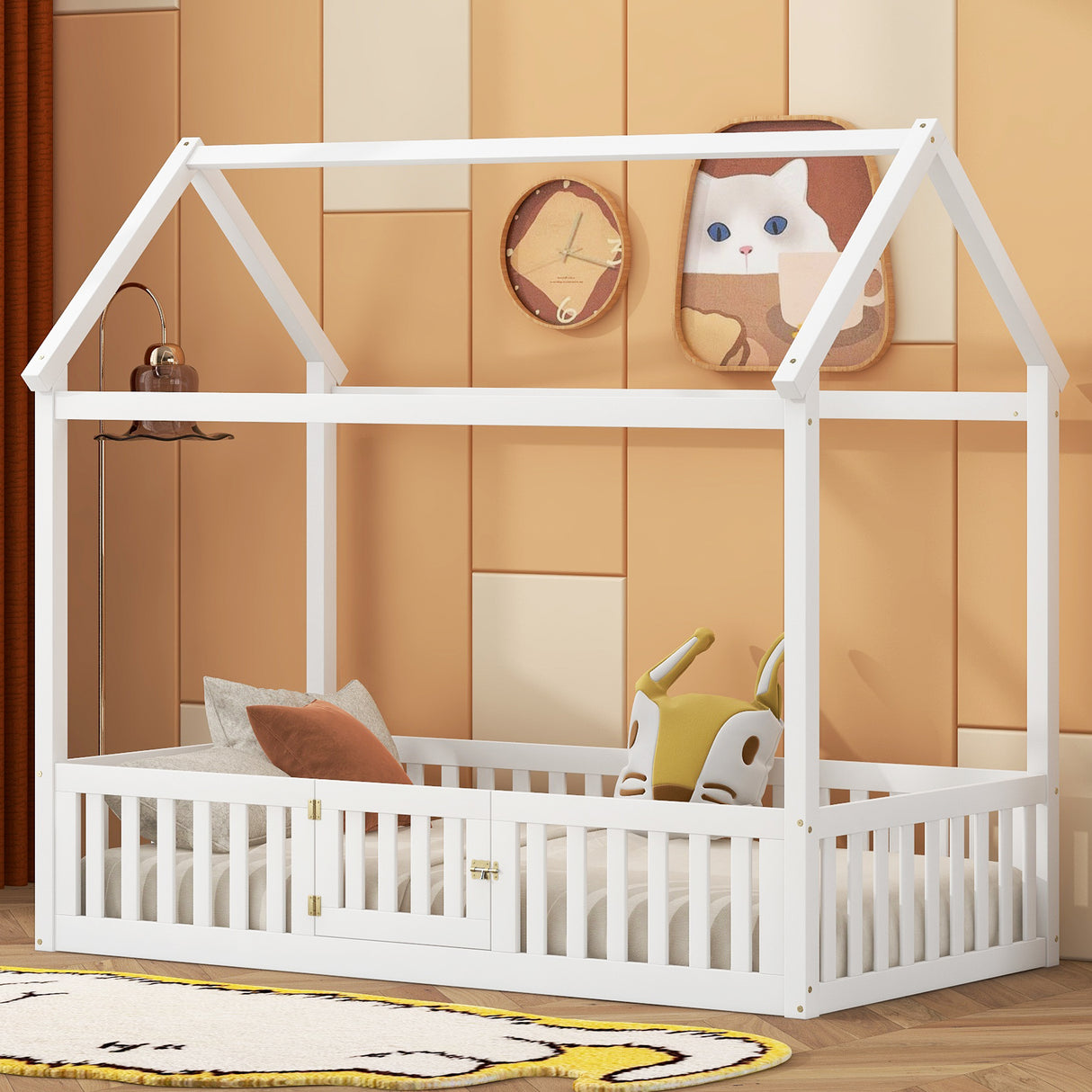Twin Size Wood House Bed with Fence and Door, White - V.I.P Digital Presence