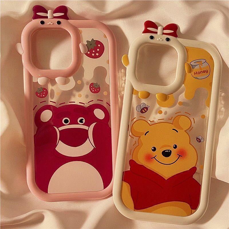 Funda de teléfono con diseño de oso fresa y monstruo pequeño para iPhone 13/12/11/XS/7plus, transparente de TPU.