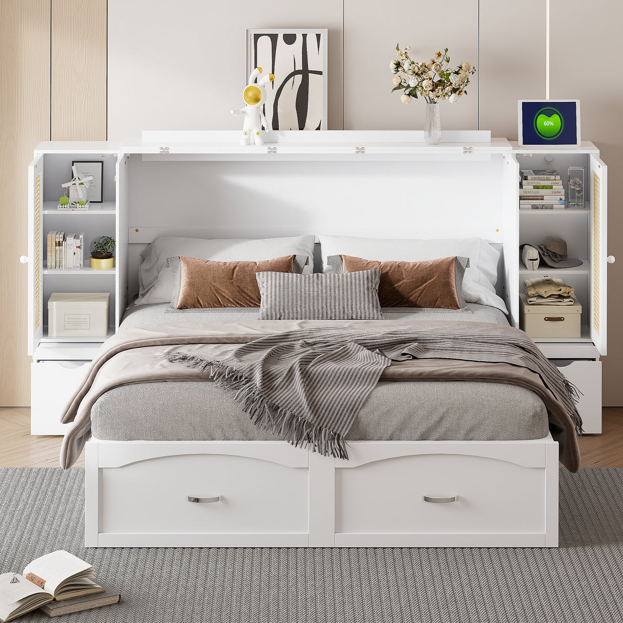 Large Murphy bed wall mounted bed with drawers, 2 storage cabinets, 1 set of sockets and USB ports, white - V.I.P Digital Presence