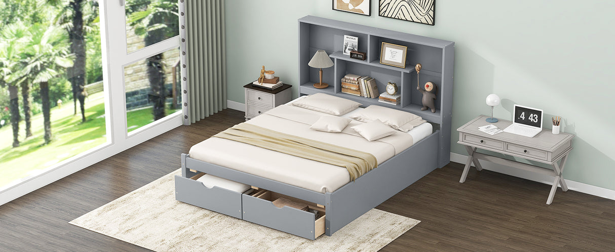 Queen Size Platform Bed with Storage Headboard and 2 Drawers, Gray - V.I.P Digital Presence