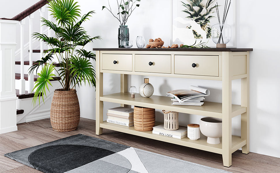 Retro Design Console Table with Two Open Shelves, Pine Solid Wood Frame and Legs for Living Room (Espresso+Beige) - V.I.P Digital Presence