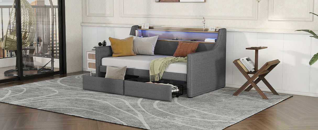 Twin Size Daybed with Storage Drawers, Upholstered Daybed with Charging Station and LED Lights, Gray - V.I.P Digital Presence
